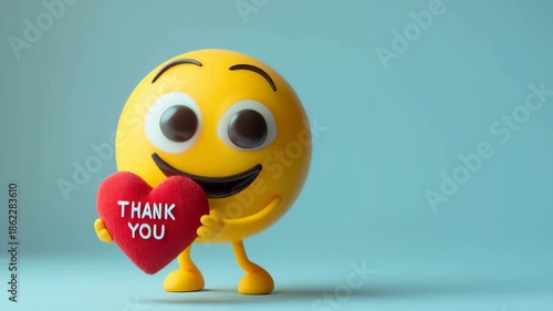Cute Smiley Emoji Holding Thank You Heart, Cute smiley emoji with a big smile, holding a heart that says 