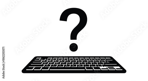 A stark black question mark hovers above a computer keyboard symbolizing uncertainty and digital inquiry