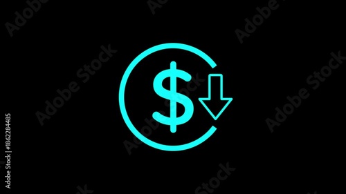 Reduce cost concept with dollar and  down arrow  animation,decrease icon. Reduce costs sign and symbol design background. new business idea video.