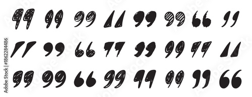 quotation mark doodle testured hand drawn icon set. quotation mark drawing line clipart symbol collection