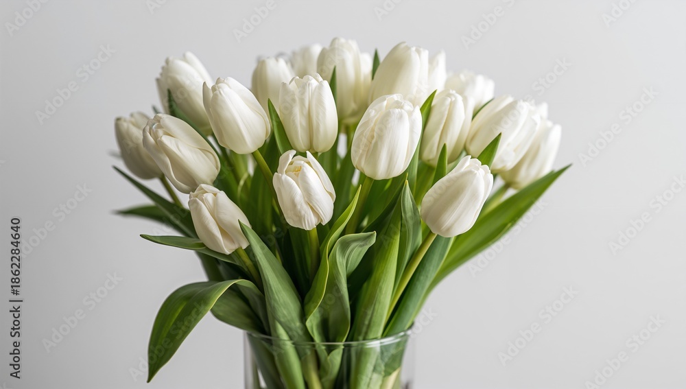 Fototapeta premium White Tulips Arranged in a Clear Vase on a Plain Background During Daytime
