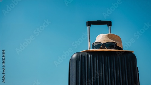 Travel Bag With Hat and Sunglasses Ready for a Trip in Clear Blue Sky