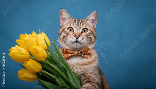 Cat Holds Yellow Tulips With a Bow Tie Against a Blue Background in a Playful...
