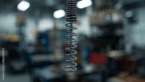 Industrial Spring Suspended in a Manufacturing Space With Blurred Background ...
