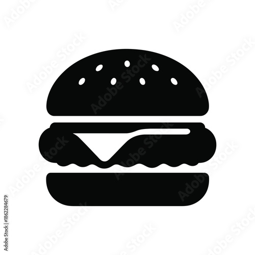 Burger icon silhouette with cheese and sesame seeds, isolated on white background