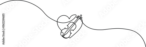 Minimalist one-line art of a violin outline forming a heart shape, perfect for music logos, romantic wedding invitations, and elegant web design.