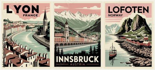 A vintage-style triptych featuring Lyon, Innsbruck, and Lofoten with bold typography, simplified shapes, and 1930s travel poster aesthetics.