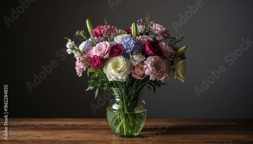 Bright Flowers Arranged in a Clear Vase on a Wooden Table With a Dark Background