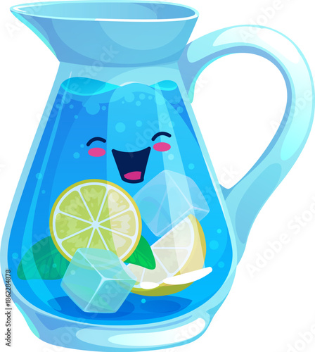 Cartoon water drink. Cute kawaii blue glass pitcher funny vector character filled with refreshing water, lime slices, lemon wedges and ice cubes. Cartoon personage with cute smile