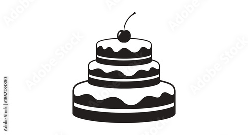 A simple black and white illustration depicts a tiered cake topped with a bright red cherry