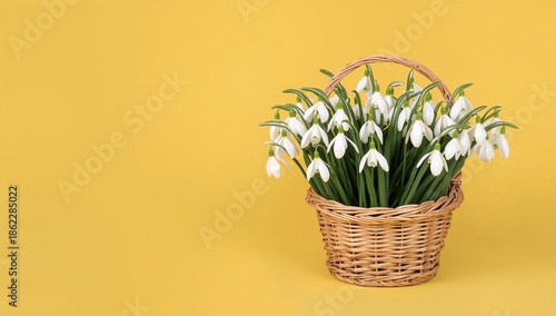 Snowdrop Flowers Arranged in a Wicker Basket on a Bright Yellow Background in...
