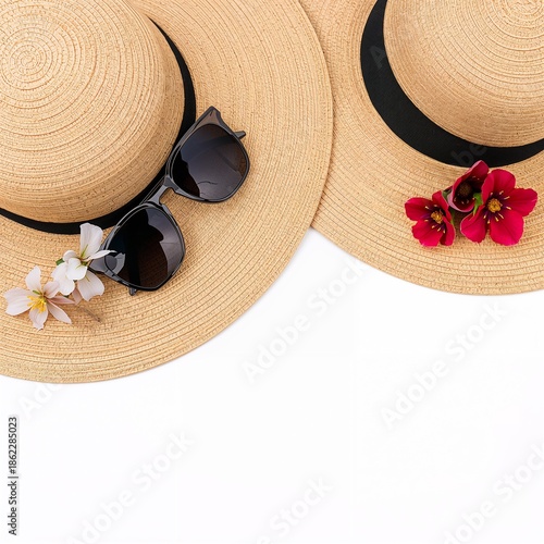 Summer Hats With Sunglasses and Flowers on a Light Background Ready for a Sun...