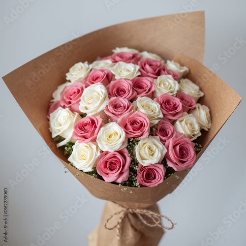 Pink and White Roses in a Bouquet With Brown Wrapping on a Plain Background