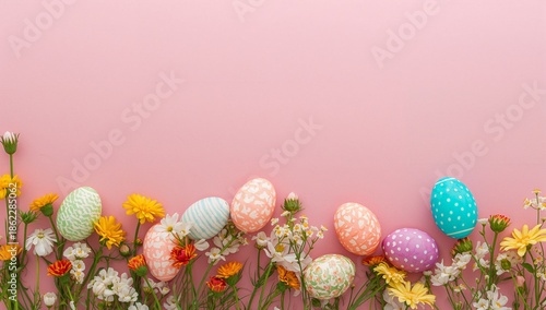 Colorful Eggs and Flowers Arranged on Pink Surface for Spring Celebration