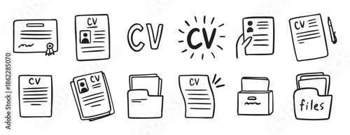 cv and resume and self presentation related doodle hand drawn icon set. Outline drawing cv line clipart symbol collection