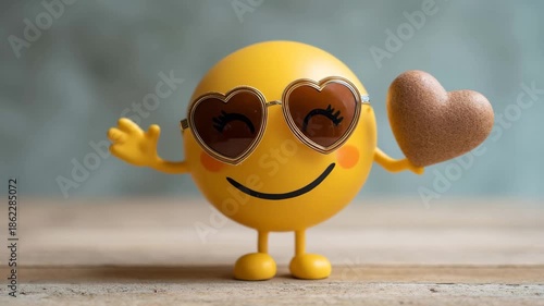 Cute Smiley Emoji Holding Thank You Heart, Cute smiley emoji with a big smile, holding a heart that says 