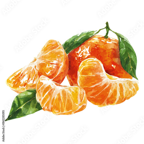 Mandarin Slices, watercolor illustration, vector style, isolated on a white background.
