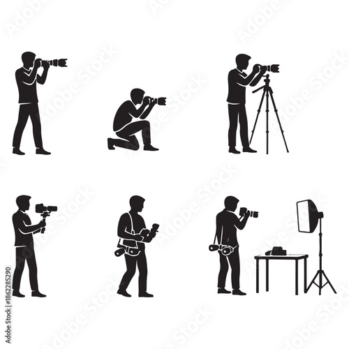Photographer Silhouette Icons Set – Professional Camera Poses and Studio Photography Illustration