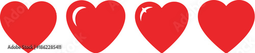 Set of Four Red Heart Icons in Flat Style Vector Symbols of Love, Romance, Valentine’s Day, Rating & Game Lives UI Elements