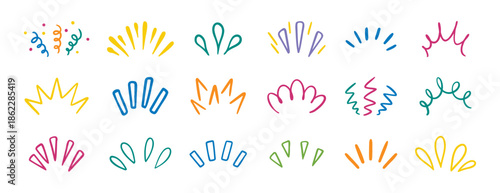 sunburst, doodle sun rays colorful lines. Cute funny hand drawn lines showing concentrated lines set, awareness, inspiration and surprises