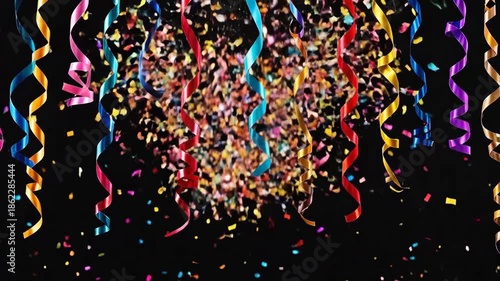 Festive colorful ribbons and confetti falling against a dark background, creating a celebratory atmosphere.
