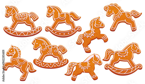 Christmas and New Year horse stallion gingerbread cookies. Vector traditional holiday baking biscuit cookies with icing decorations. Xmas gingerbread in shape of rocking horse toy and wild bronco