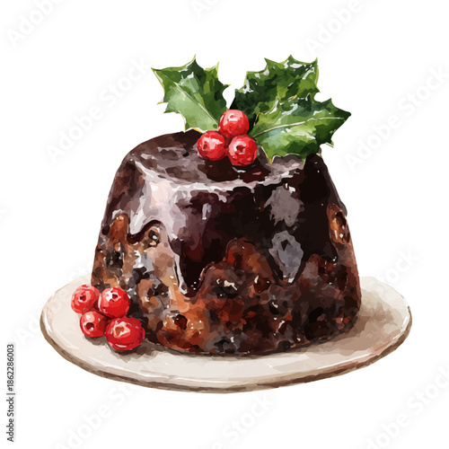 Watercolor-style vector illustration of Christmas Pudding, isolated on a clean white background.