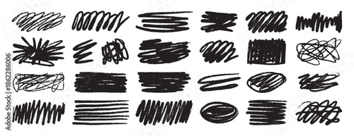 Set messy black brush textured wax crayon spots isolated on white background. Grunge chalk sketch collection. Hand drawn rough edges.