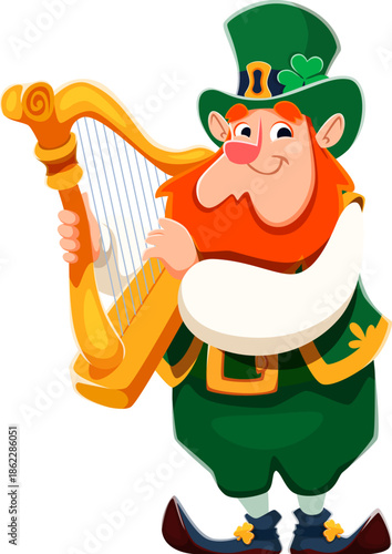 Cartoon funny leprechaun character with orange beard and tall green hat adorned with shamrock, holding a golden harp. Vector Happy St Patrick day cheerful personage represents Irish folklore and music