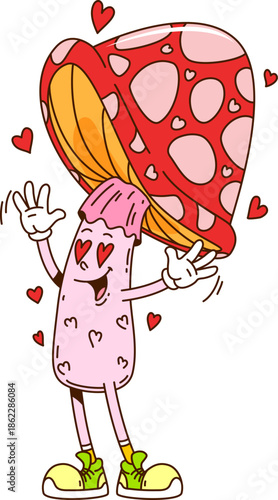 Cartoon retro valentine groovy mushroom character with heart shaped eyes and hippie sneakers. Vector amanita fungus comic personage exuding love vibes and spreads cheerful, loving valentines energy