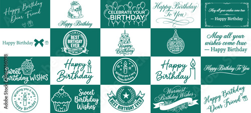 Happy birthday celebration concept. Greeting birthday party lettering with celebration hand drawn elements, decorative invitation card vector set. anniversary black and gold handwritten inscription.