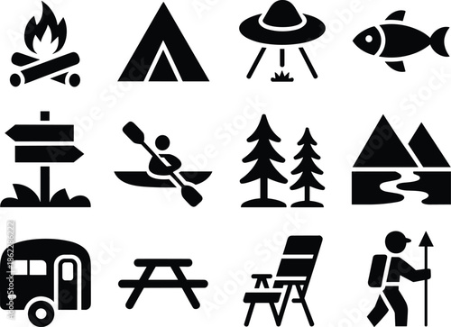 Camping outdoor adventure icons, hiking forest travel symbols black silhouette vector illustration set collection artwork