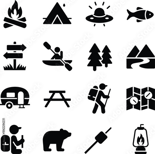 Camping outdoor adventure icons set, hiking forest travel symbols black silhouette vector illustration collection design