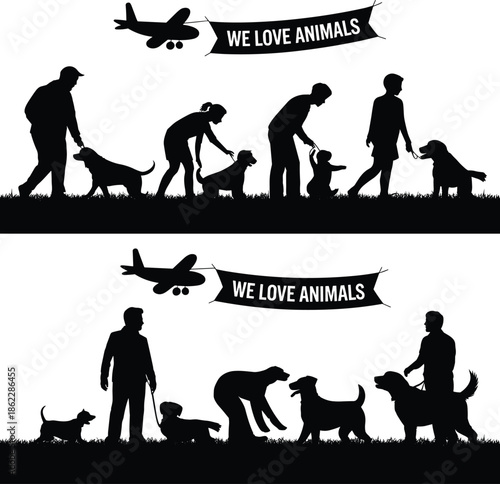 People walking dogs silhouettes, we love animals concept pet care adoption vector illustration design