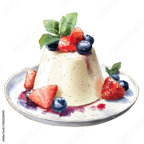 Watercolor vector illustration of Panna Cotta, isolated on white background.