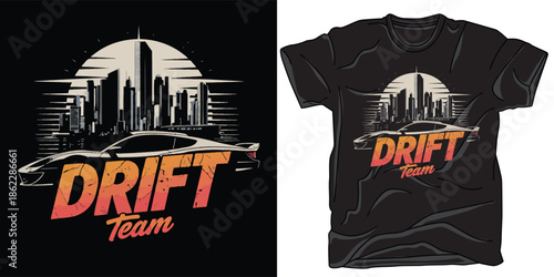  Drift team t-shirt design with modern sports car illustration and city skyline background 
