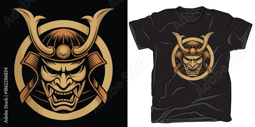 Fierce japanese samurai warrior mask illustration in gold tones, showcasing an ancient traditional design