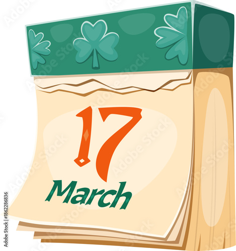 Cartoon festive calendar page displaying march 17. Vector happy St Patrick day symbol of global celebration Irish culture, heritage, and luck. Vector date represents parades and the spirit of Ireland