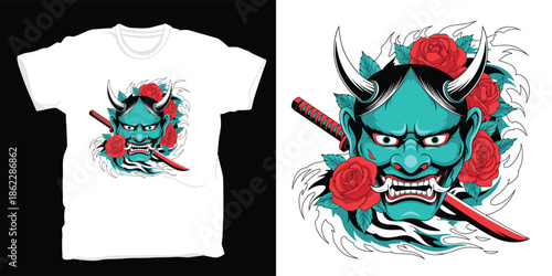 Hannya mask with samurai sword and roses japanese style illustration