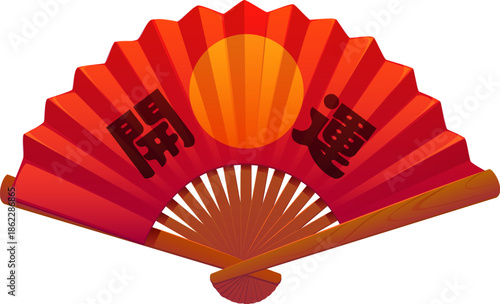 Traditional red Japanese hand fan with pleated folds, hieroglyphs, sun pattern and wooden handle. Isolated cartoon vector cultural item for celebration, Japan art and fashion. Asian souvenir or gift