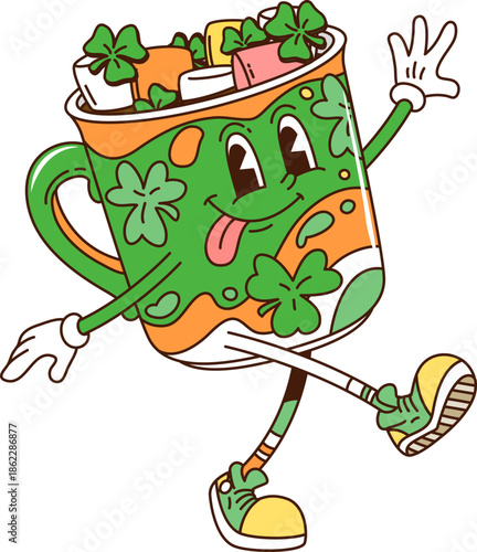 Cartoon groovy hippie coffee or cocoa cup character with marshmallow and clover leaves. Vector St Patrick day holiday drink beverage retro y2k personage. Green friendly mug with chocolate and shamrock