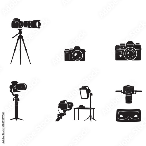 Camera Equipment Icons Set – DSLR, Tripod, Gimbal, Studio Lighting & VR Photography Illustration