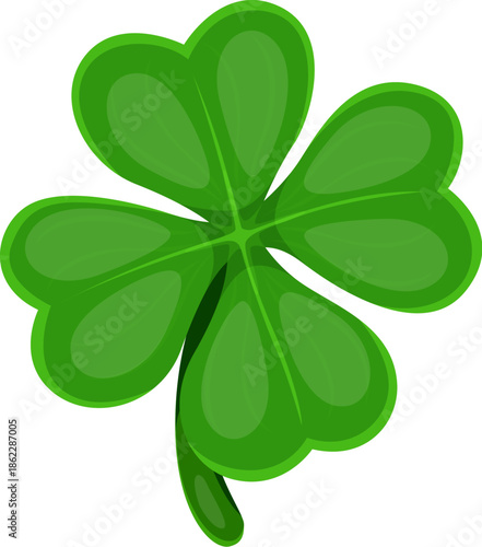 Cartoon lucky four leaf clover, happy St Patrick day and Irish culture symbol. Vector green shamrock plant symbolizing luck and fortune. Iconic holiday, good luck charms, positivity and magic charms
