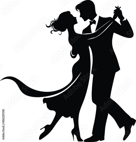 Elegant couple dancing silhouette romantic ballroom dancers in formal attire isolated on white