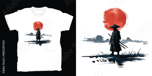 Minimalist samurai warrior standing in landscape under red watercolor sun Japanese ink brush vector