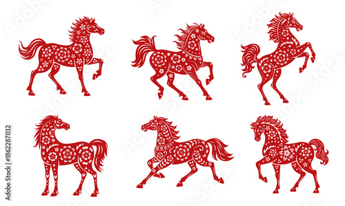 Red horse animals, asian Chinese Lunar New Year and horoscope symbols with vector paper cut flower patterns and oriental ornaments. China New Year zodiac horses set, CNY animal papercut symbols