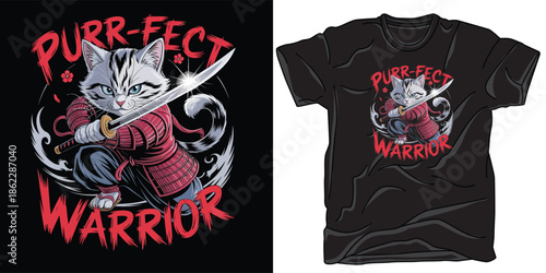  Purr-fact warrior kitten illustration in samurai armor with a katana sword in an action pose
