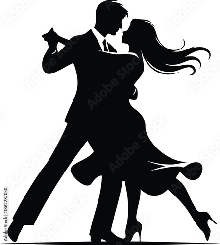 Formally dressed couple passionate ballroom dance movement, romantic couple dancing vector illustration