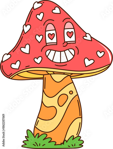 Valentines cartoon groovy fly agaric adorable character. Romantic day comic character, love holiday groovy vector personage. Saint Valentine celebration cheerful mascot or red amanita mushroom