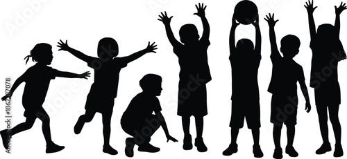 Children playing silhouettes, happy kids jumping with ball fun childhood teamwork vector illustration design